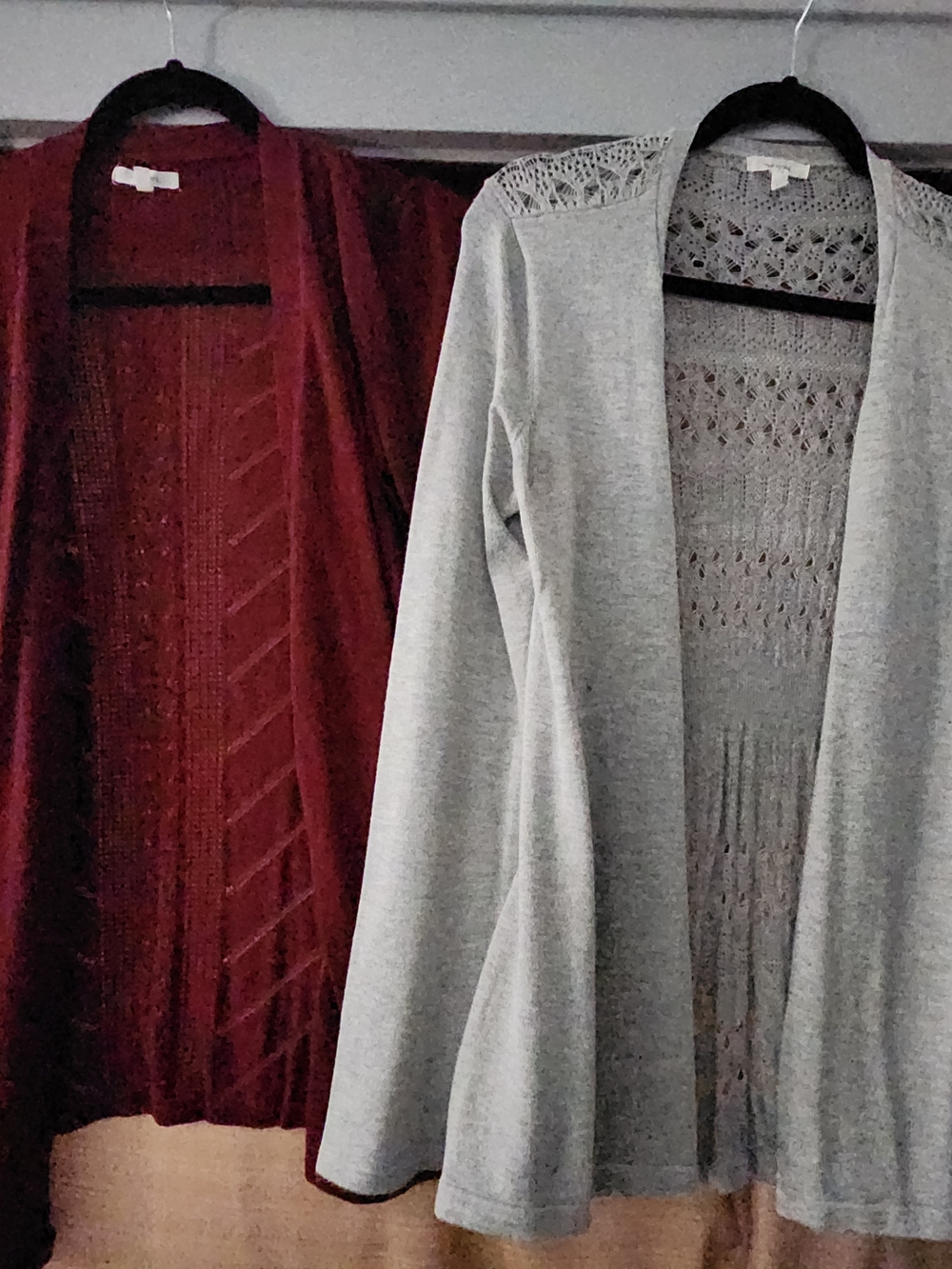 Maurices Open-Front Cardigans in Light Gray and Deep Red M And L